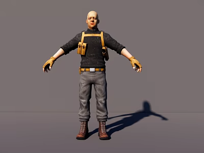 Man with Black Top Yellow Harness Gloves Gray Pants and Brown Boots Against Gray Background 3d model