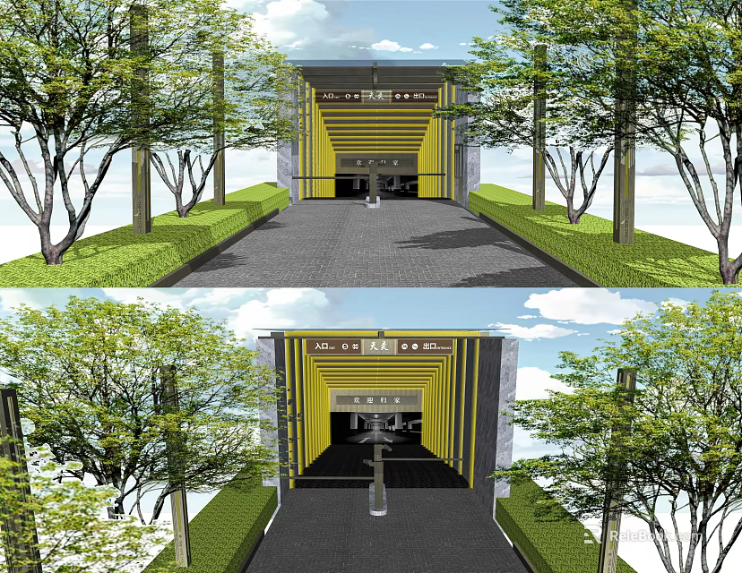 Yellow And Black Building Entrance With Trees And Driveway Pathway 3d model 