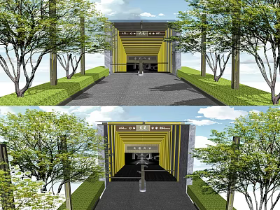 Yellow And Black Building Entrance With Trees And Driveway Pathway 3d model
