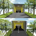 Yellow And Black Building Entrance With Trees And Driveway Pathway