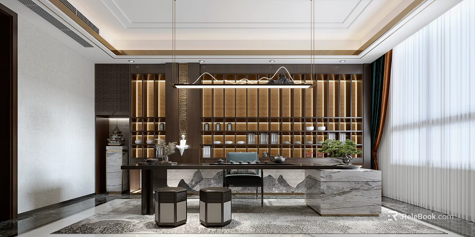 Traditional Chinese Tea Room Interior With Wooden Bookshelves Marble Table And Hanging Lamps 3d model 