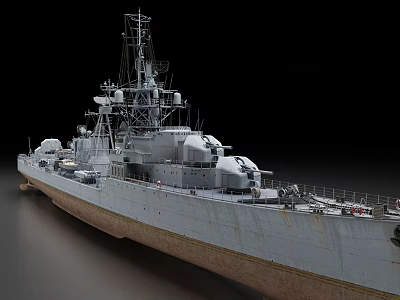 Military Warship Model Featuring Weathered Gray Hull Detailed Superstructure And Turrets 3d model
