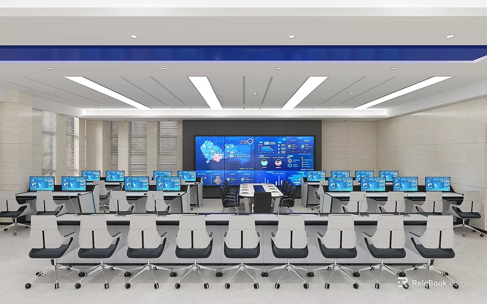 Modern Control Room Interior With Multiple Computer Monitors Control Desks And Large Blue Data Screens 3d model 