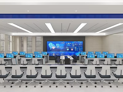 Modern Control Room Interior With Multiple Computer Monitors Control Desks And Large Blue Data Screens 3d model