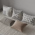 Stylish Throw Pillows With Geometric Striped And Solid Color Patterns On Beige Carpet