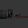 Professional Digital Camera With Black Body Brown Leather Strap And Large Lens
