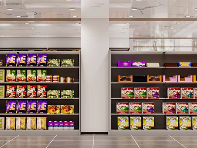 Supermarket Grocery Shelves Display Various Colorful Packaged Food And Household Products 3d model