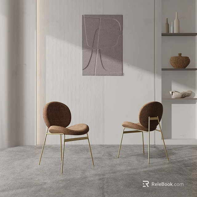 Brown Fabric Accent Chairs With Gold Metal Frame And Minimalist Wall Art Decor 3d model 