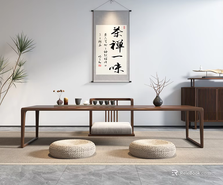 Traditional Chinese Zen Tea Table and Chairs with Tea Sets Plants and Cushions 3d model 