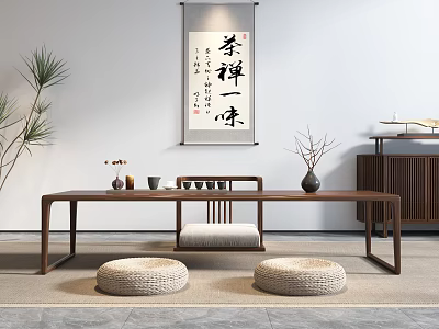 Traditional Chinese Zen Tea Table and Chairs with Tea Sets Plants and Cushions 3d model