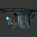 Game Movie Character in Futuristic Platform With Glowing Blue Orange Lines Wearing Orange Green Armor
