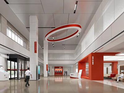 Modern Spacious Bank Lobby With Reception Desk ATM Machines And Comfortable Seating 3d model