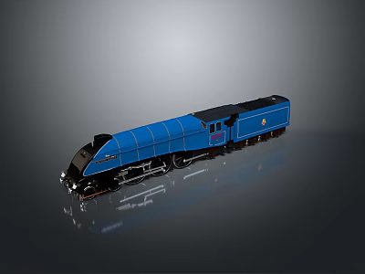 Blue Train Model with Detailed Appearance on Grey Background and Shiny Reflection 3d model
