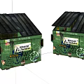 Public Facilities Green Trash Bins With Graffiti And Advertisement Stickers On Black Roofs