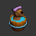 Cartoon Animal Character Wearing Pink Bath Cap in Wooden Barrel Tub With Water