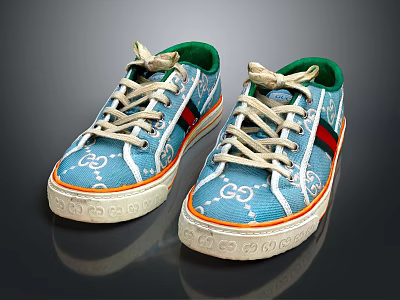 Blue Canvas Shoes with White GG Logo Red Green Stripes White Laces and Green Lining 3d model
