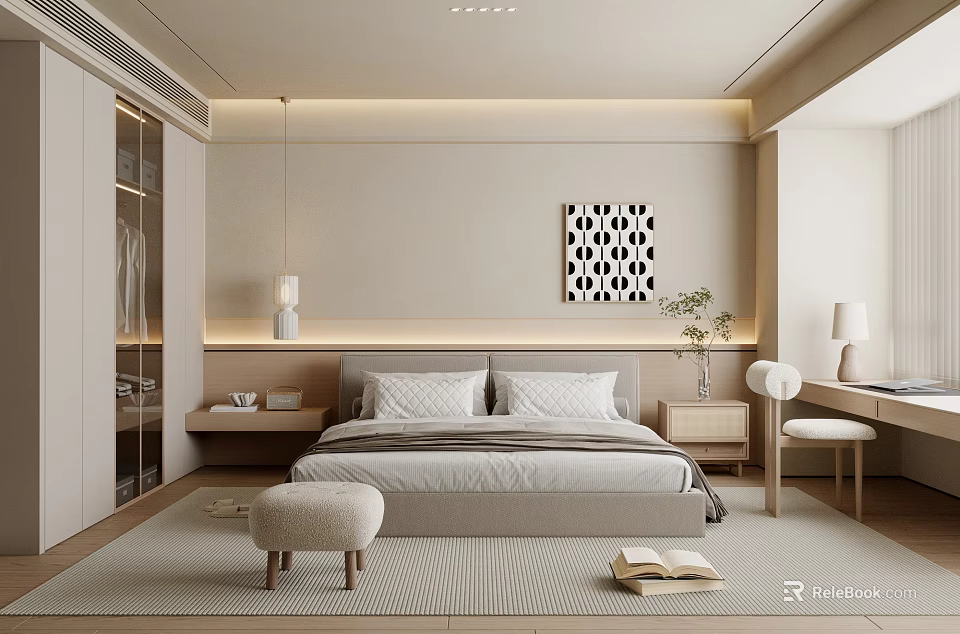 Modern Bedroom Interior Design With Bedside Tables Geometric Wall Art And Neutral Rug 3d model 