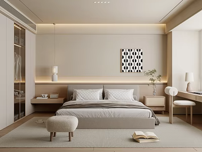 Modern Bedroom Interior Design With Bedside Tables Geometric Wall Art And Neutral Rug 3d model