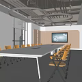Modern Meeting Room Design With Long Table Yellow Chairs Large Screen And Industrial Ceiling