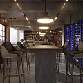 Industrial Bar Space With Drum Set Shelves Of Bottles Hanging Lights And Leather Stools
