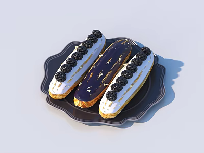 Three Eclairs with White Cream Black Berries and Dark Chocolate Glaze on Black Decorative Plate 3d model