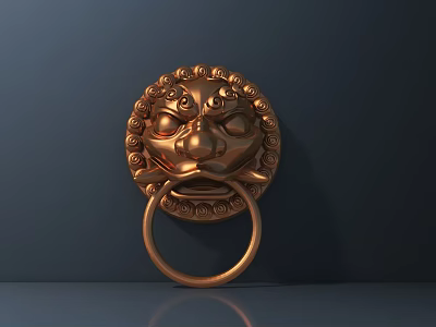 Brass Lion Head Door Knocker With Intricate Carved Design Against Dark Background For Classic Decor 3d model