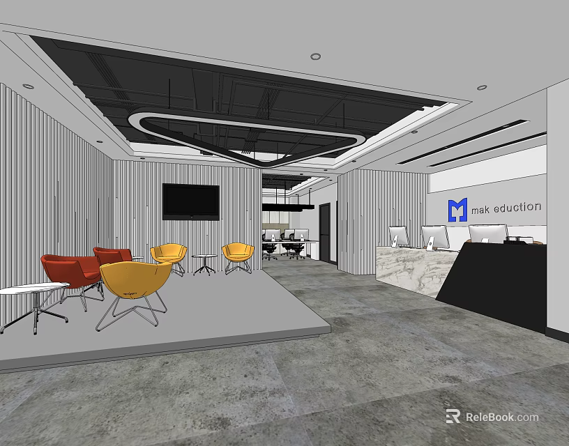 Modern Office Interior With Reception Desk TV Colorful Chairs Company Logo And Open Space 3d model 