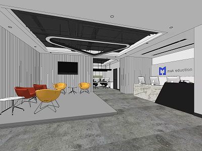 Modern Office Interior With Reception Desk TV Colorful Chairs Company Logo And Open Space 3d model