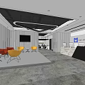 Modern Office Interior With Reception Desk TV Colorful Chairs Company Logo And Open Space