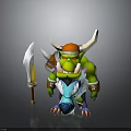 Horned Green Skinned Warrior With Orange Helmet And Large Sword Standing By Blue Creature Companion