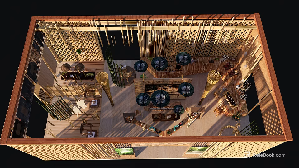 Outdoor Garden Landscape Design With Bamboo Structure Umbrella Decorations And Green Plants 3d model 