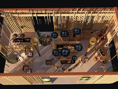 Outdoor Garden Landscape Design With Bamboo Structure Umbrella Decorations And Green Plants 3d model