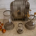Vintage Decorative Ornament Combination With Metal Birdcage Glass Vases Berry Branches On Wooden Table