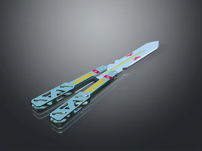 Blue And Yellow Folding Knife With Red Animal Logo On Metallic Blade Surface 3d model