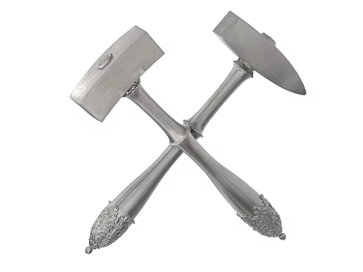 Silver Crossed Hammers with Metal Heads and Ornate Carved Handles for Hardware Tools Collection 3d model