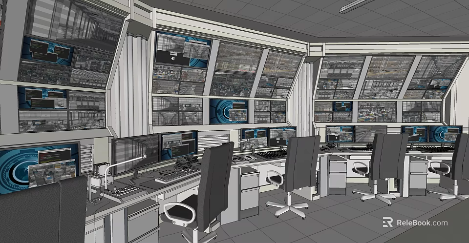 Monitoring Room Interior With Multiple Screens Control Desks And Office Chairs 3d model 