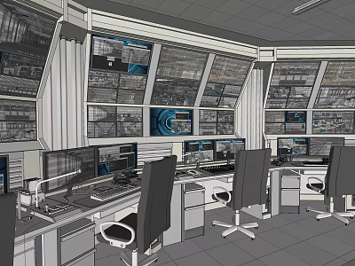 Monitoring Room Interior With Multiple Screens Control Desks And Office Chairs 3d model