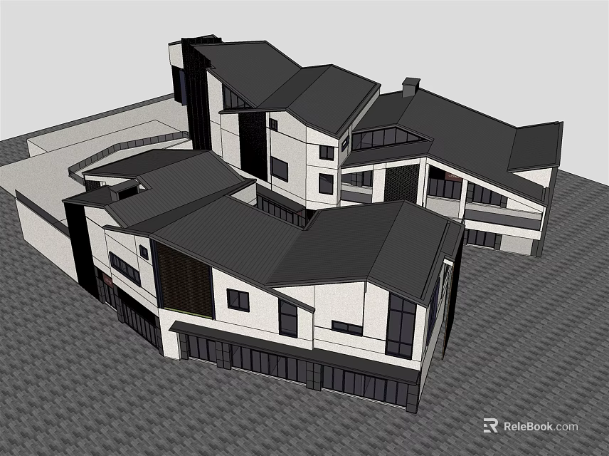 Modern Commercial Complex With Black Roofs White Facades And Large Glass Windows 3d model