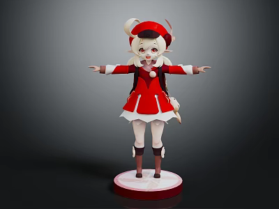 Game Anime Character In Red Christmas Outfit With White Hair Arms Outstretched On Red Base 3d model