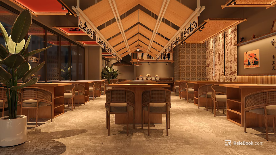 Cozy Hot Pot Restaurant Interior With Wooden Ceiling And Seating 3d model 