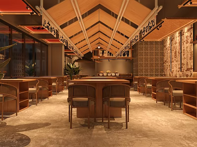 Cozy Hot Pot Restaurant Interior With Wooden Ceiling And Seating 3d model