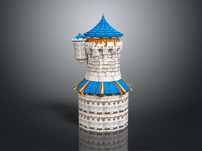 Detailed Blue And White Brick Tower Model With Spire Roof Yellow Trim And Cylindrical Structure 3d model