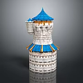 Detailed Blue And White Brick Tower Model With Spire Roof Yellow Trim And Cylindrical Structure