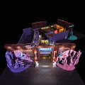 Museum Entrance Design With Wooden Structure Purple Pink Decorations And Lighting