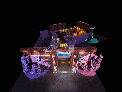 Museum Entrance Design With Wooden Structure Purple Pink Decorations And Lighting 3d model