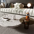 Modern Concrete Coffee Table With White Sofa Green Plant Round Lamp And Astronaut Figurine