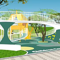 Children's Playground with Yellow Slide Climbing Structures Colorful Ground Surrounded by Trees and White Bridge