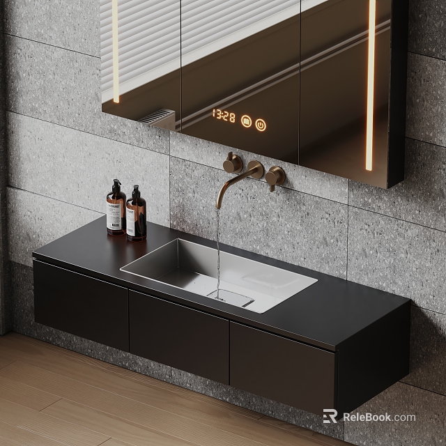 Modern Bathroom Washbasin with Black Countertop Under Cabinet Storage Backlit Mirror and Grey Stone Wall 3d model 