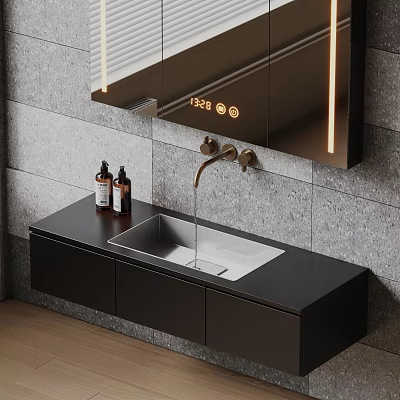 Modern Bathroom Washbasin with Black Countertop Under Cabinet Storage Backlit Mirror and Grey Stone Wall 3d model