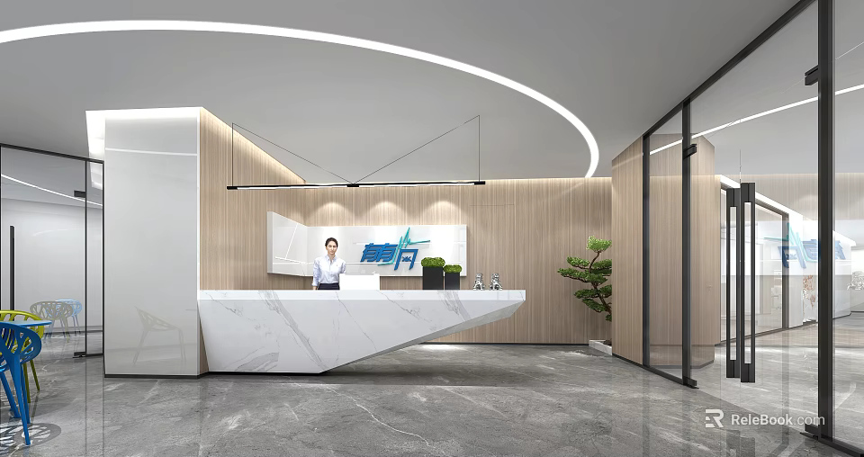 Elegant Modern Front Desk Reception Area With Marble Counter Wooden Wall Green Plant 3d model 